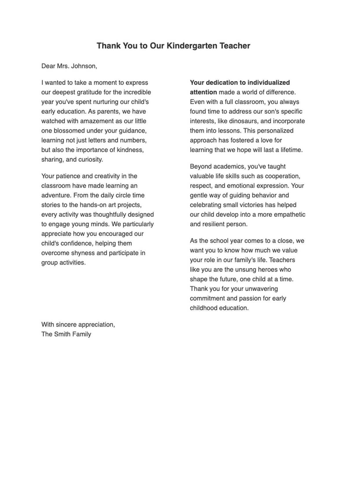 Kindergarten teacher appreciation letter with personal message and summer wishes_variant_1